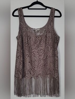 BKE Lace Fringe Tank Top Size L Brown Fairycore Goblincore Western Y2K
